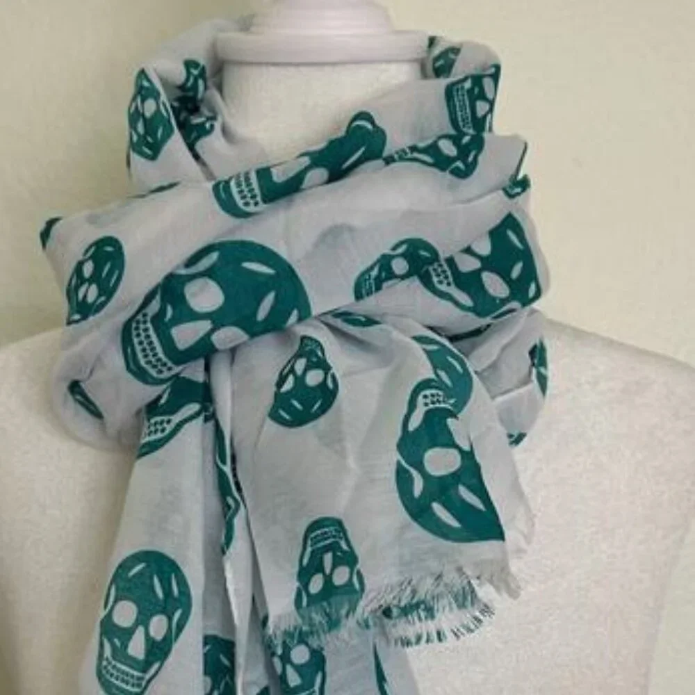 Ozsoy Aksesuar Skull Scarf Teal White Fringe Wrap Gothic Rocker Y2K Lightweight